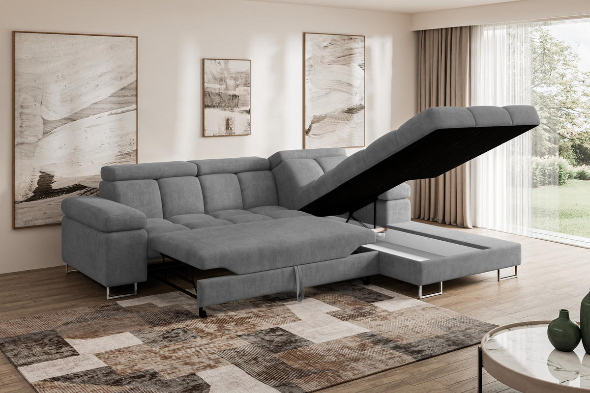 ECKSOFA mit Schlaffunktion Ottomane Rechts COMA L 271x203x79 Grau Velours - Grau, Holzwerkstoff/Textil (203/271cm) - ALTDECOR