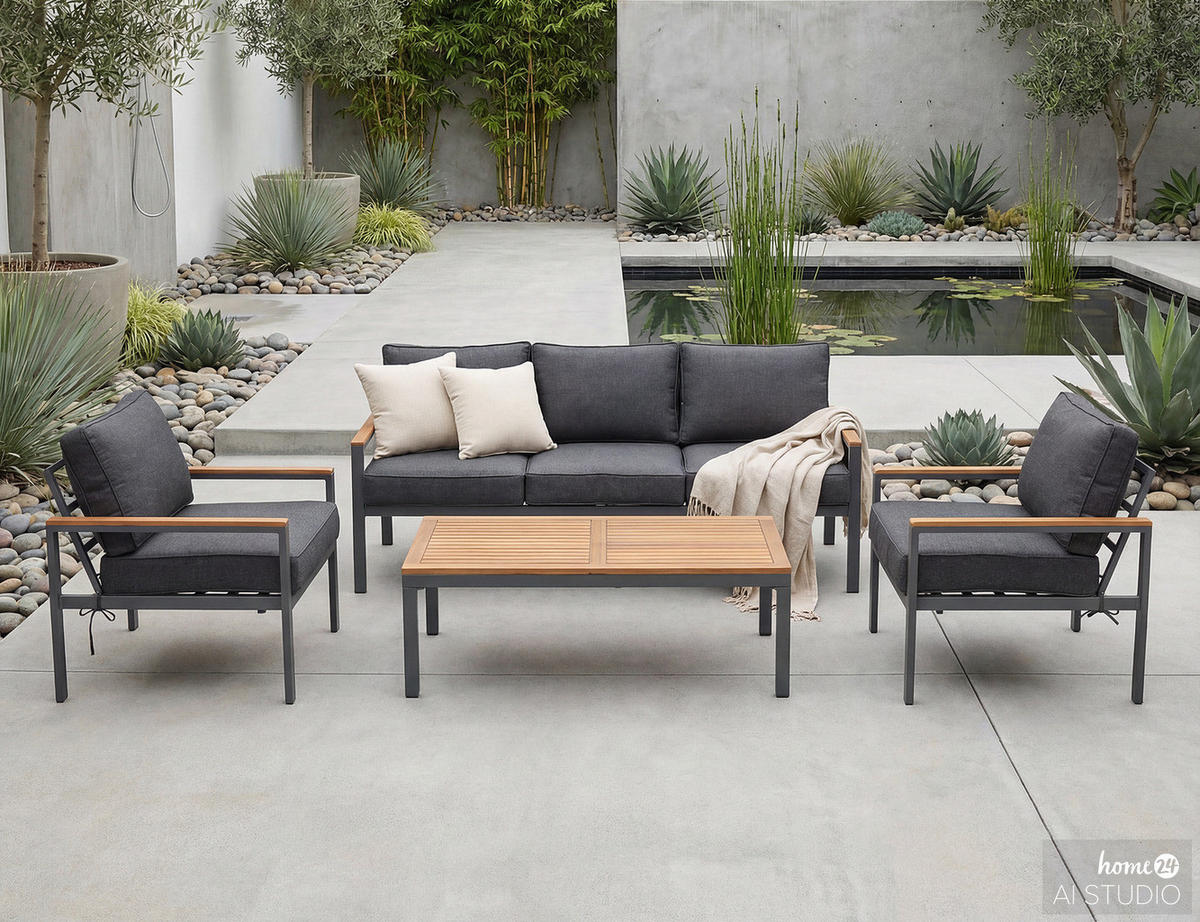 LOUNGESET - 4-teilig - Webstoff / Akazie massiv - Grau / Akazie Braun - Grau, Holz/Textil - home24