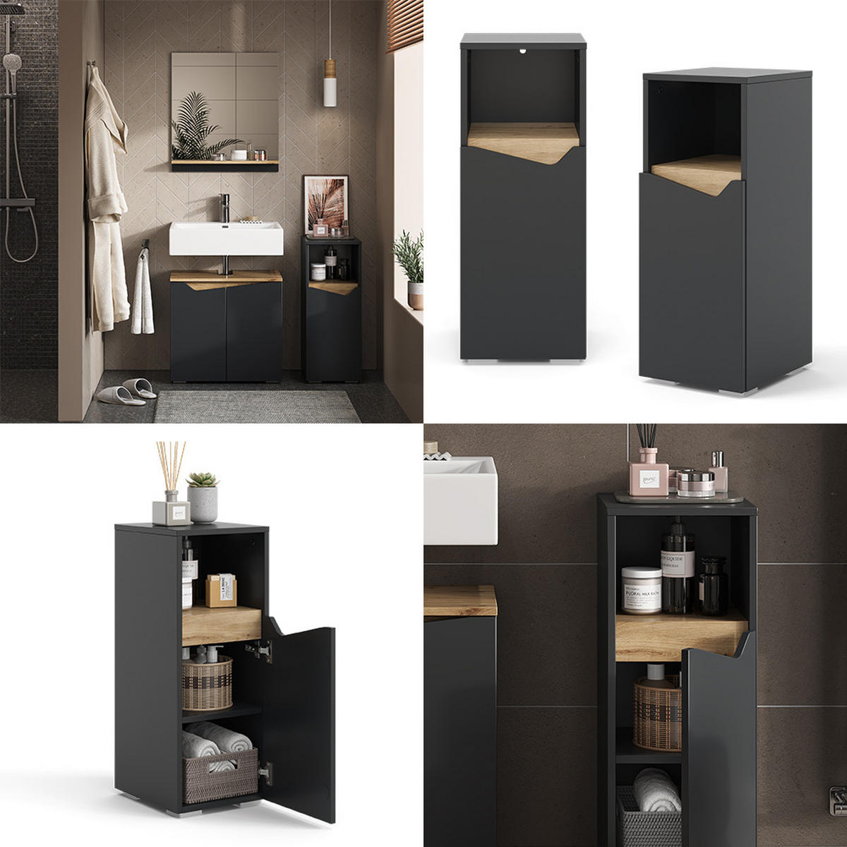 MIDISCHRANK Marelle Anthrazit 30 x 74.5 cm mit Tür und offenem Fach - Anthrazit, Holzwerkstoff (30/74.5/35cm) - Vicco