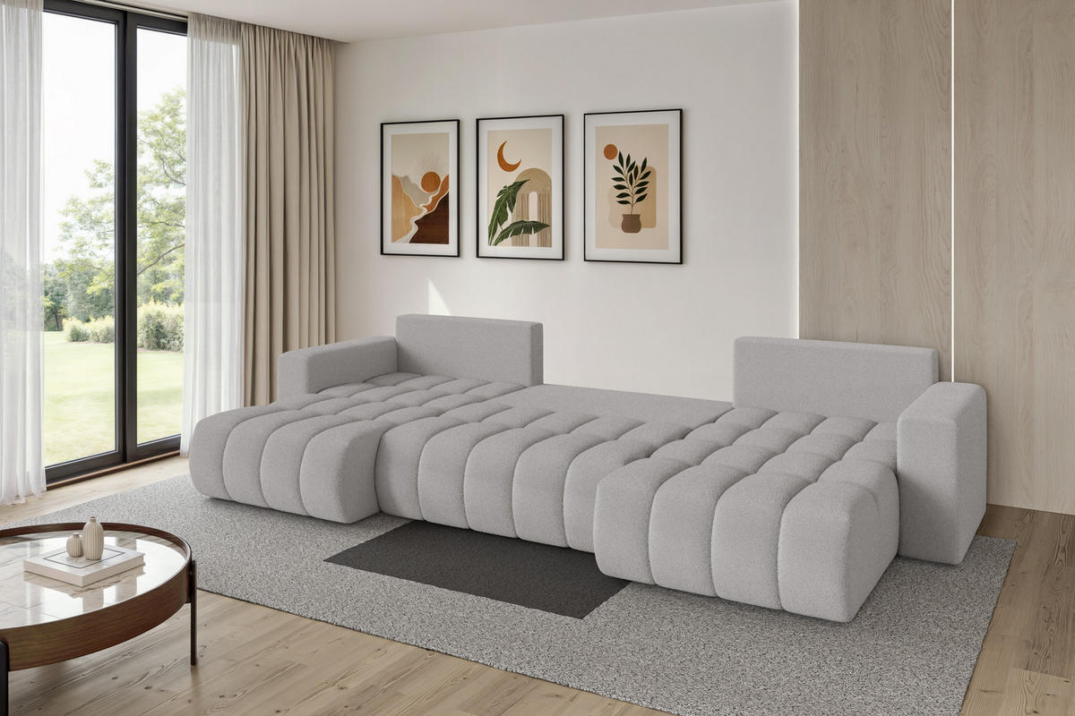 SEDACÍ SOUPRAVA DO U s funkcí spaní a úložným prostorem MILA-U-v1 378x194x86 světle šedá bouclé - černá/stříbrná, kompozitní dřevo/textil (378/86/194cm) - ALTDECOR