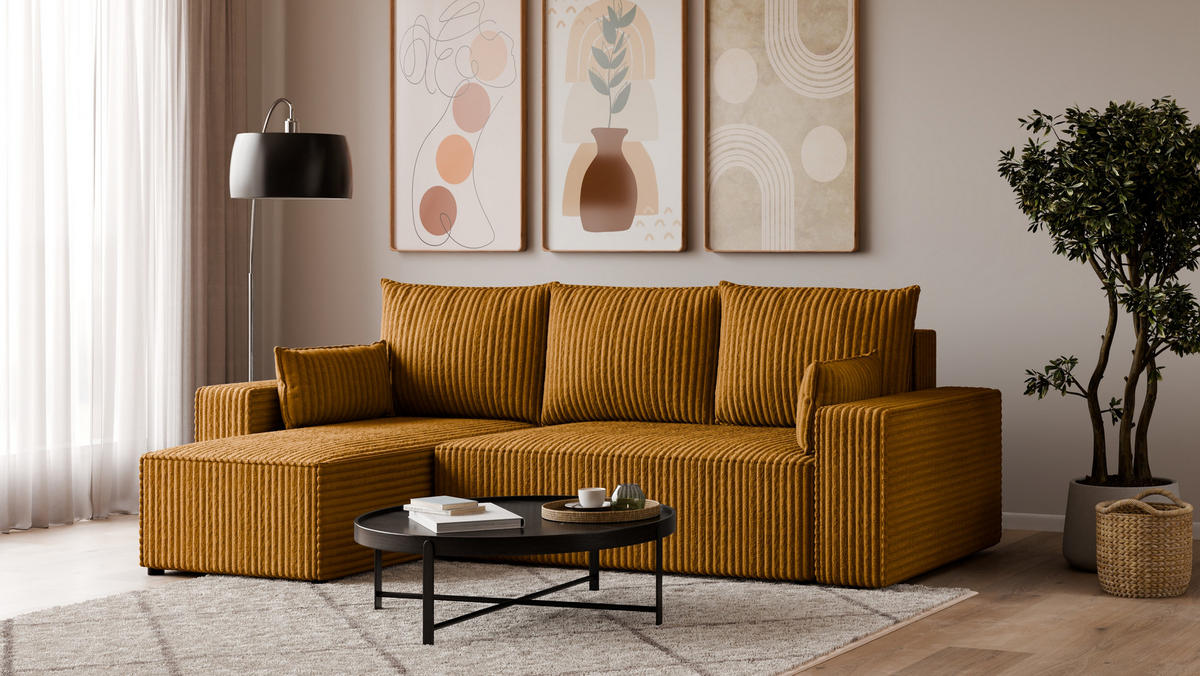 ECKSOFA Tobi mit Bettkasten und Schlaffunktion, L-Form, Cordstoff, Universal - Currygelb, Holzwerkstoff (246/145cm) - 4ALL HOME