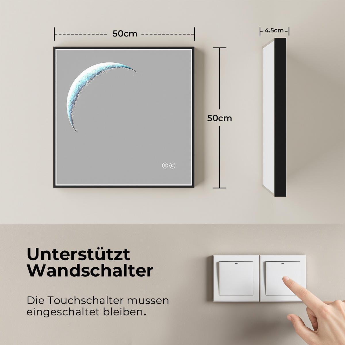 BADSPIEGEL mit Beleuchtung Schwarzer Rahmen 60/60 cm - Schwarz, Glas (60/4.5/60cm) - EMKE