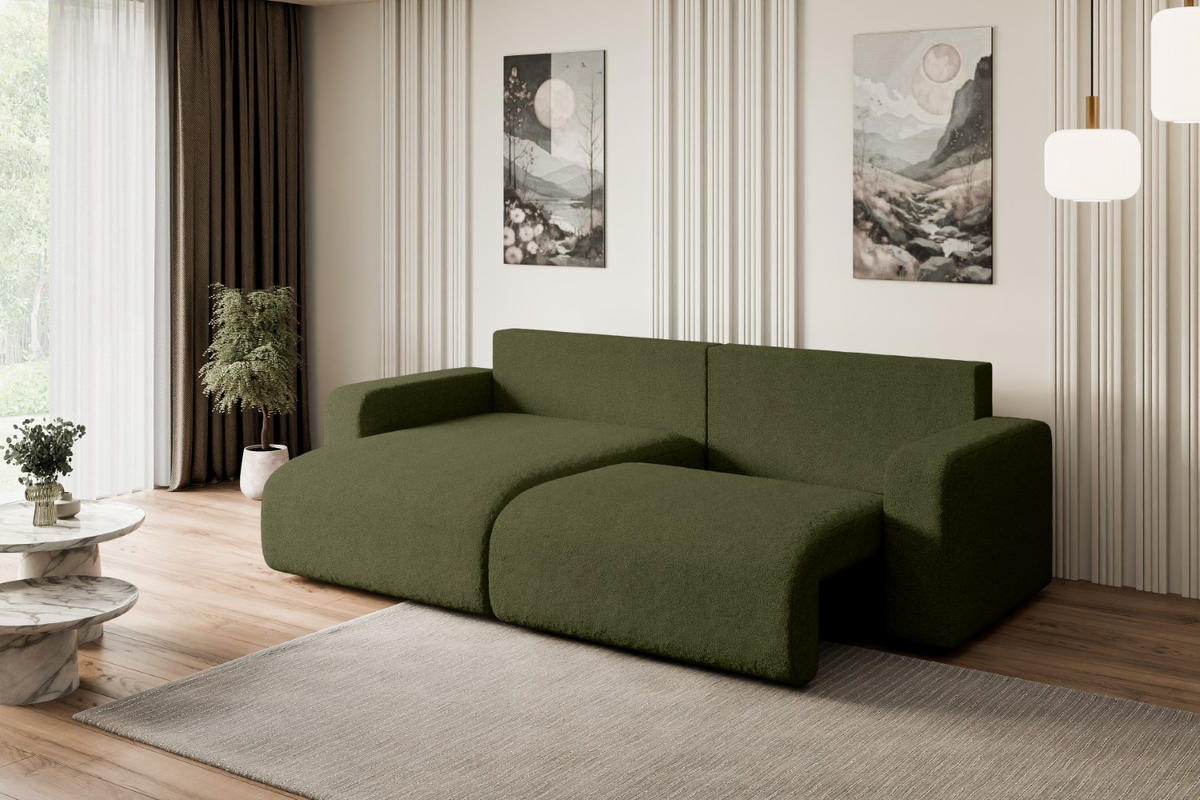ECKSOFA mit Schlaffunktion und Bettkasten KLEEA-L - 247x143x83 cm Grün Bouclé - Schwarz/Grün, Holzwerkstoff/Kunststoff (247/143cm) - ALTDECOR