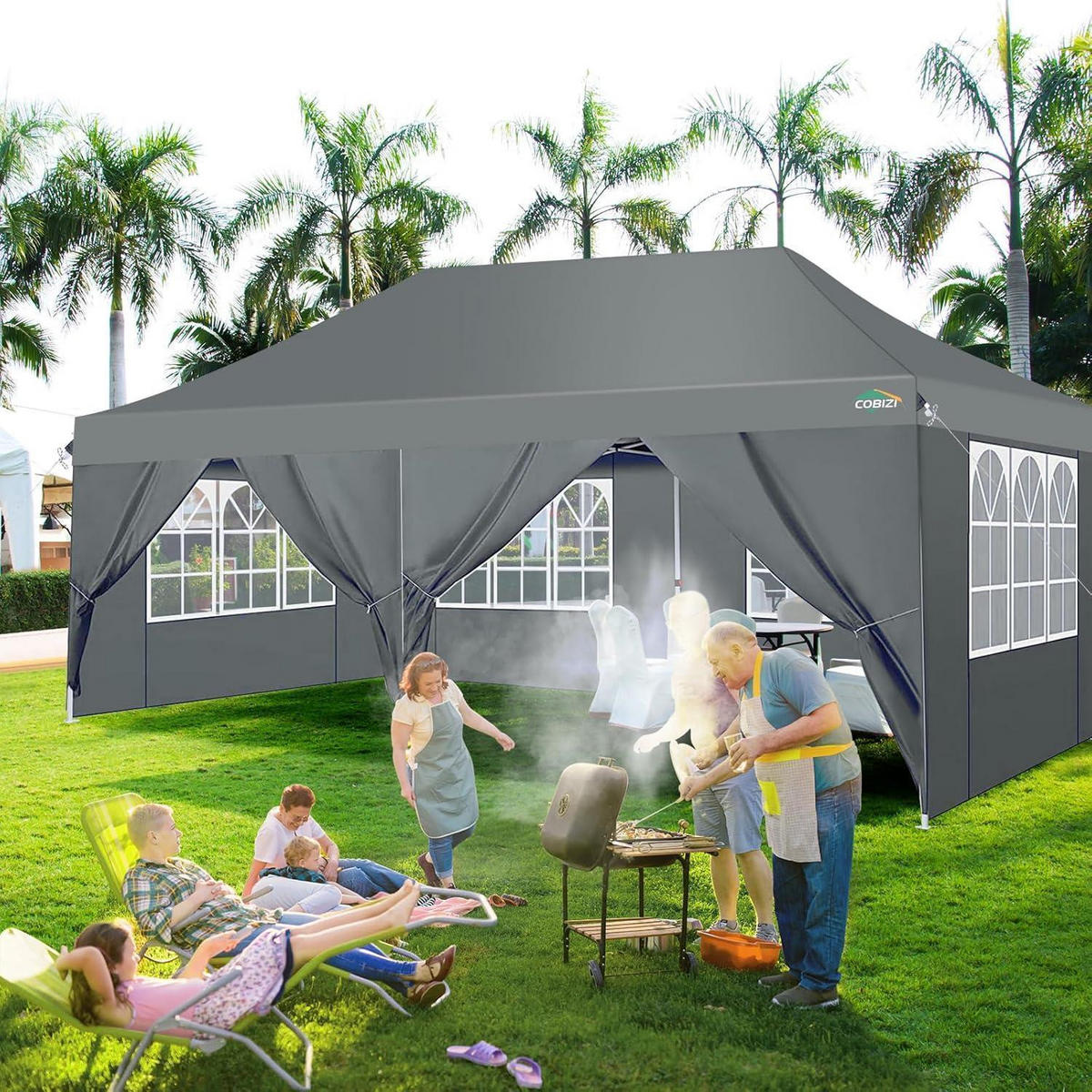 FALTPAVILLON 3x6m Wasserdicht mit 6 Seitenwänden Grau - Grau, Textil (304.8/304.8/609.6cm)