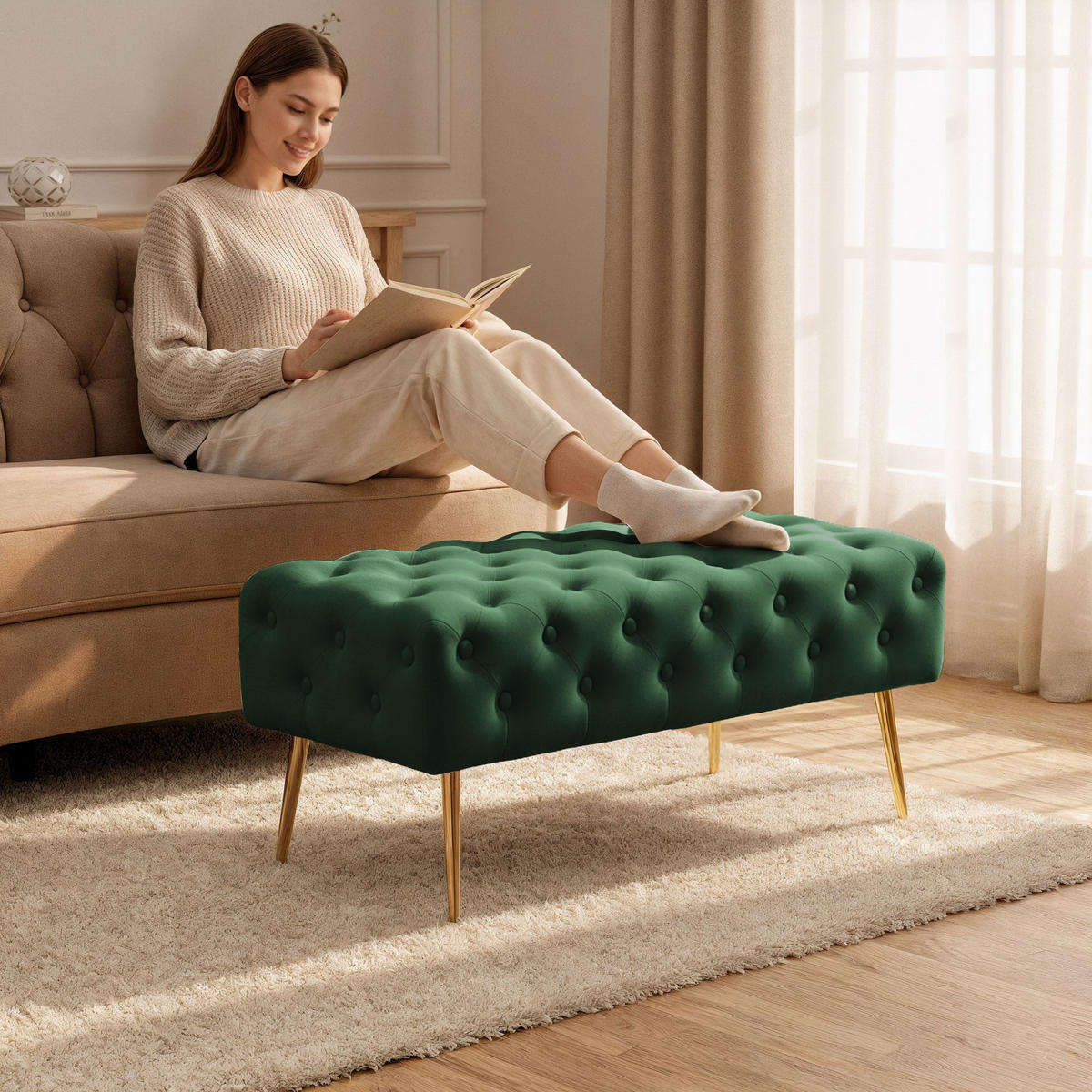 SITZHOCKER MONACO, Grün, T100xB41xH42 - Grün, Holz (41/42/100cm) - Milordbikes