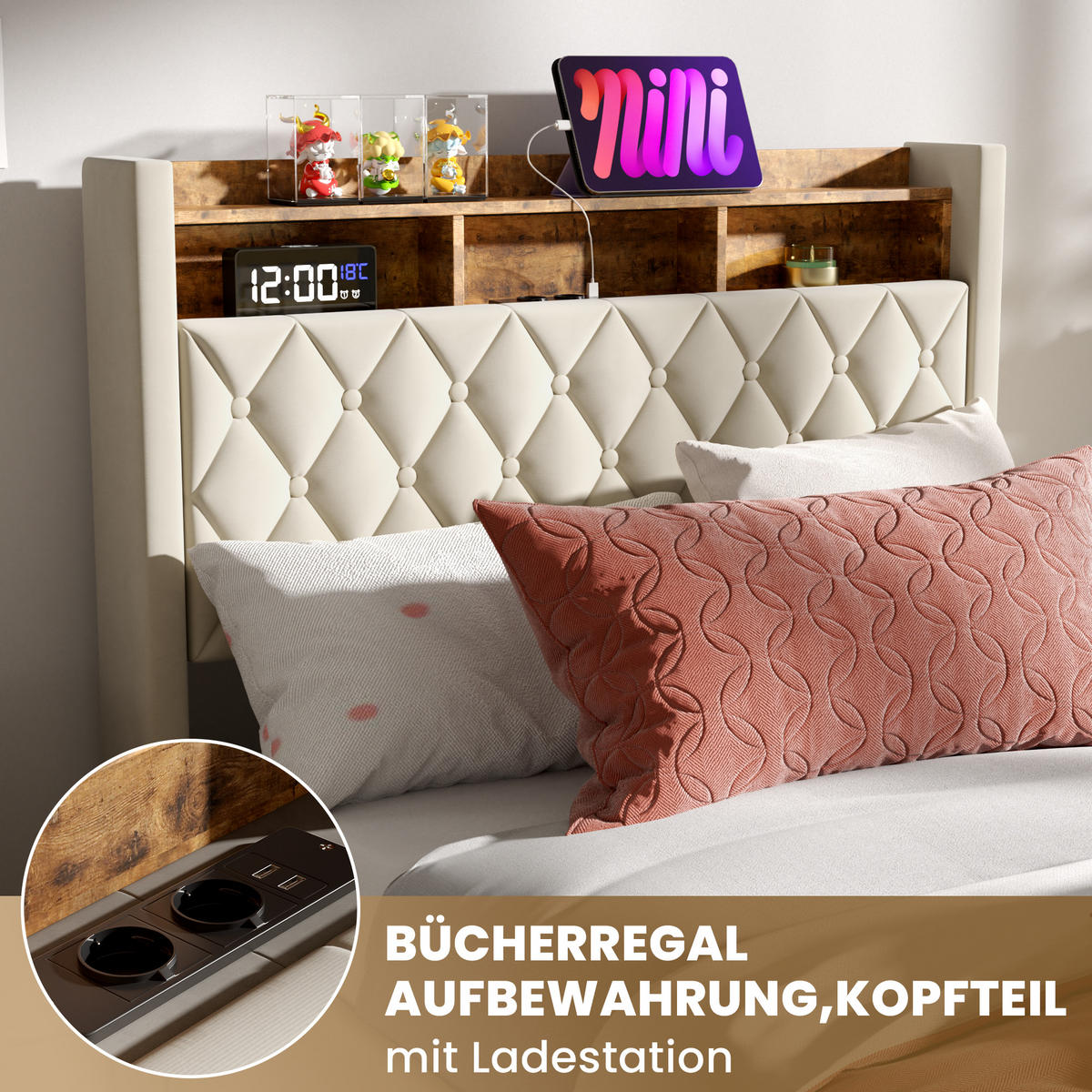 POLSTERBETT 140/200 cm Beige mit LED-Lichtleiste und USB-Anschlüssen - Beige, Holzwerkstoff (140/200cm) - OKWISH