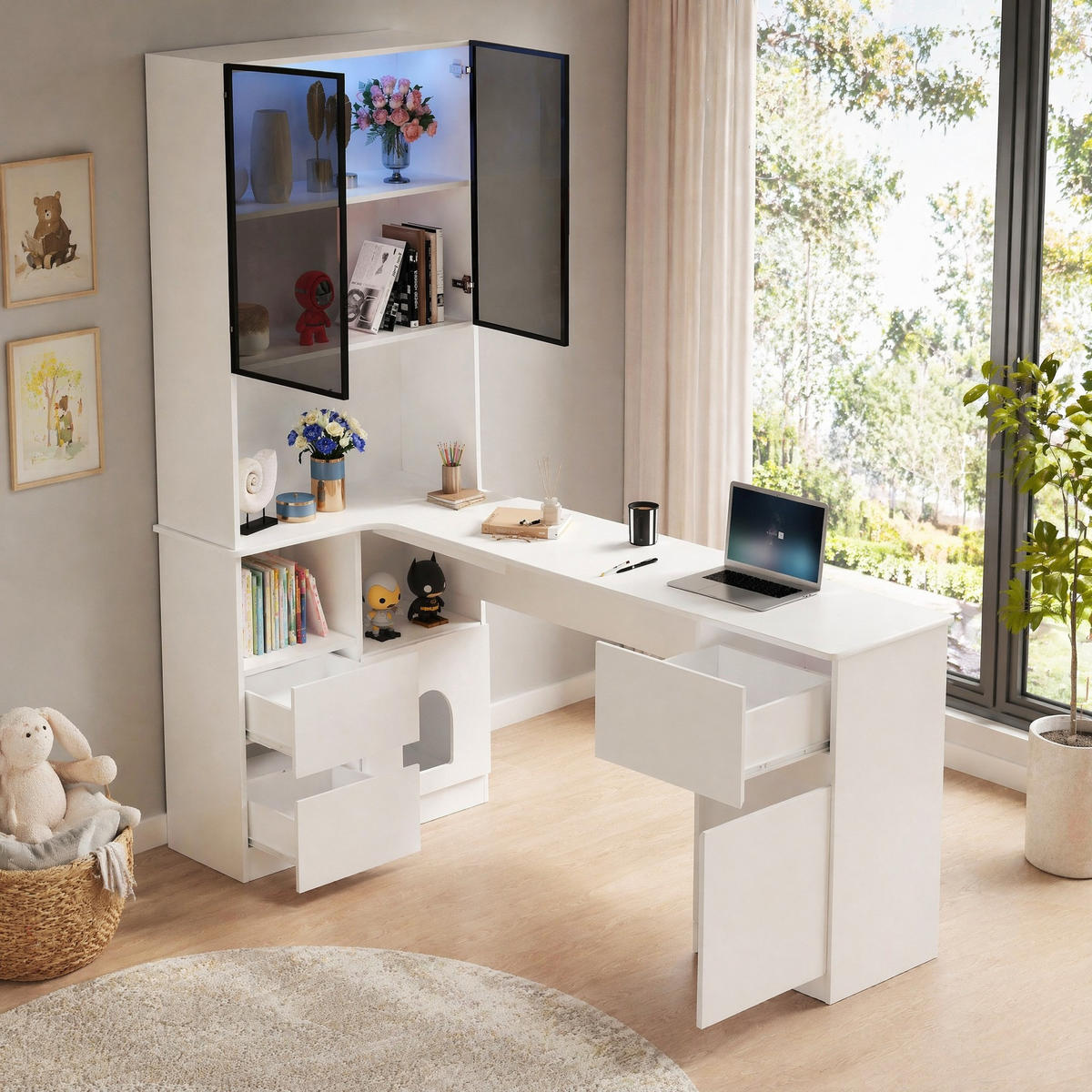 ECKSCHREIBTISCH in Weiß mit Regal und LED-Vitrine für Wohnzimmer und Büro, B120/T80/H180 cm - Transparent/Weiß, Holzwerkstoff/Metall (80/120/180cm) - STILVORA