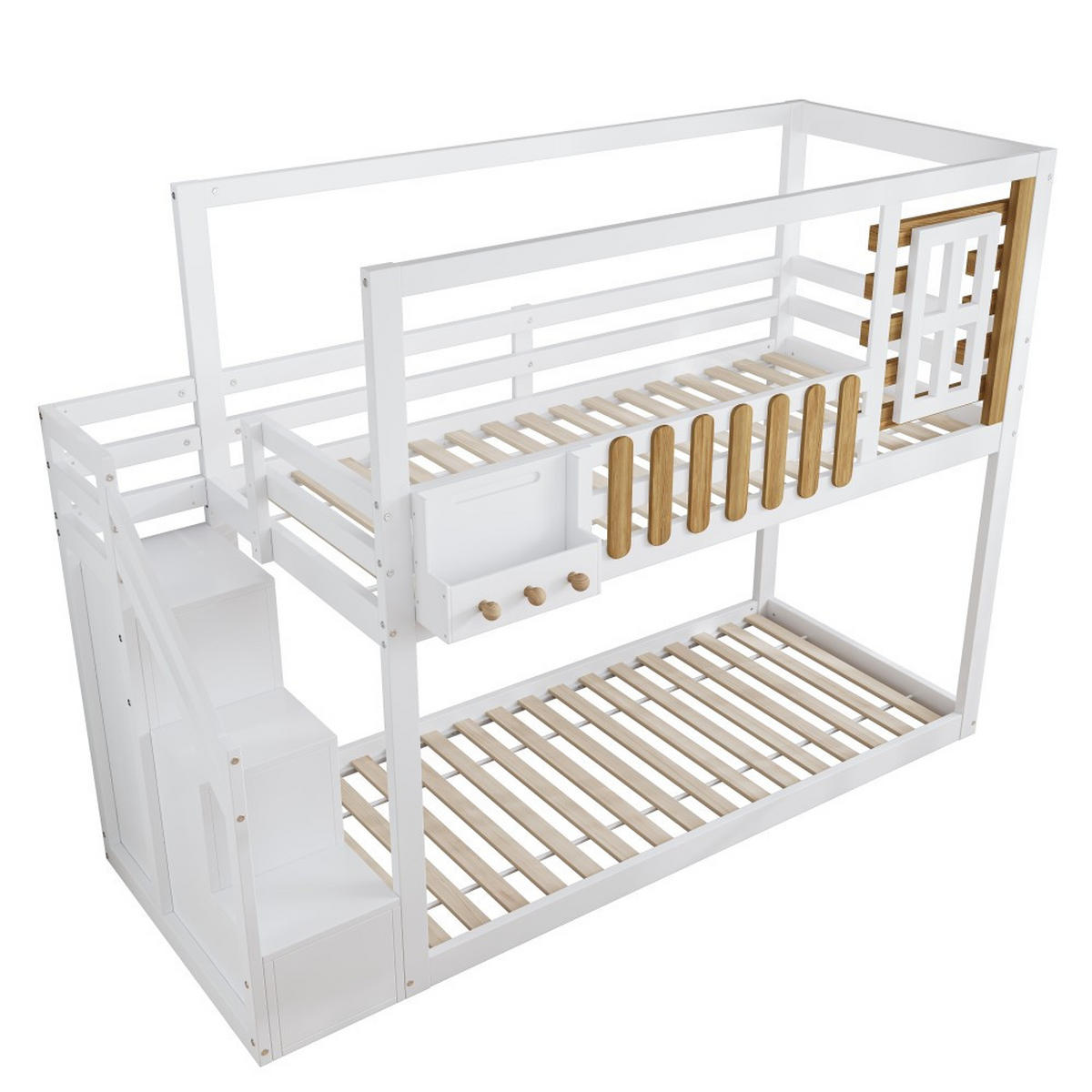 ETAGENBETT 90x200cm in weiß mit mit Treppe, Fenster und Regalkasten - Weiß, Holz (90/200cm) - KOMHTOM