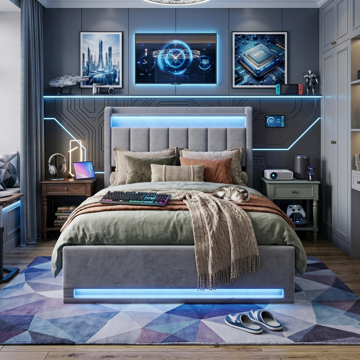 POLSTERBETT Längssteppung 90/200 cm mit Bettkasten & App-LED Samtoptik Grau - Grau, Textil (90/200cm) - Creahappy