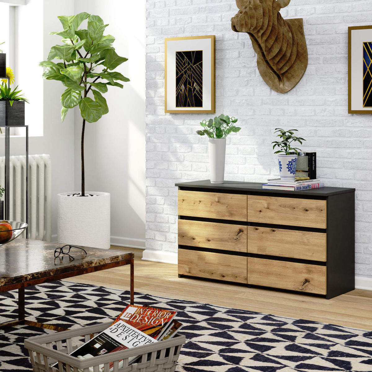 KOMMODE Grau, Eiche Artisan 35x100x57 cm - Eiche Artisan/Grau, Holzwerkstoff (100/57/35cm) - Akord