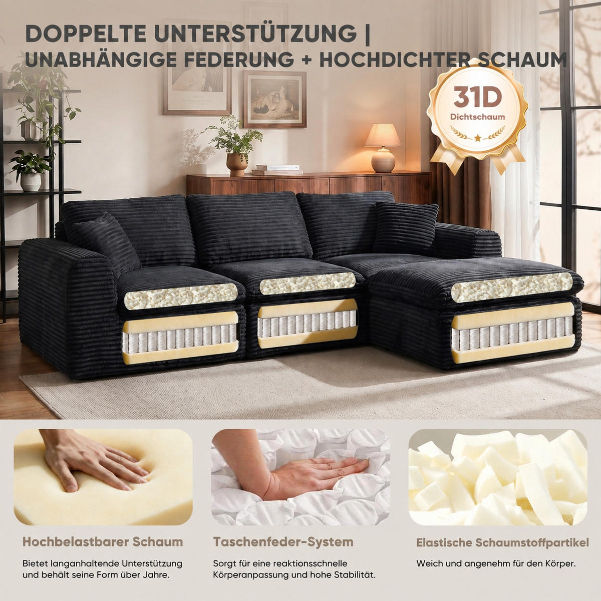 ECKSOFA 280/180/65 cm Bleu-noir Cord mit 1 Fußhocker - Multicolor, Textil (180/280cm) - Oxeza