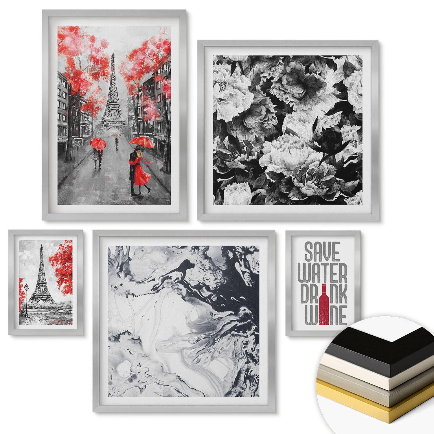 WANDBILDER 5er Set - 50x50 cm & 20x30 cm & 40x60 cm Silberner Rahmen - graue Gemälde des Eiffelturms - Silberfarben, Kunststoff (40/60cm) - ArtPrintCave