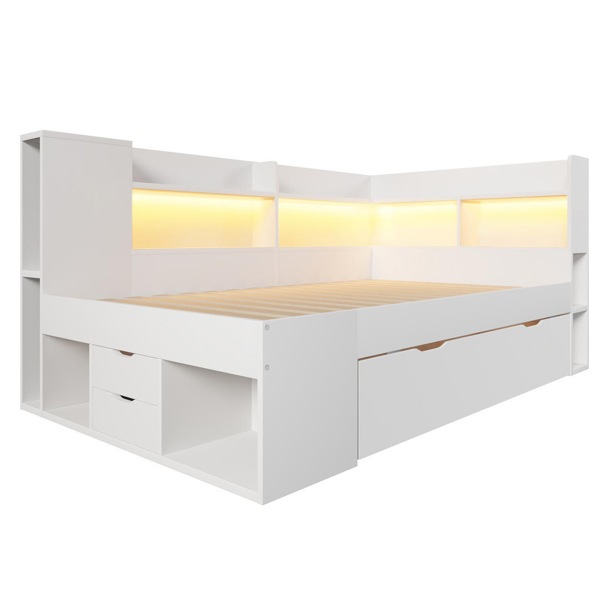 ČALÚNENÁ posteľ z dreveného materiálu 90/190 cm biela s LED osvetlením, USB a úložným priestorom - biela, textil (90/190cm) - BEAOK