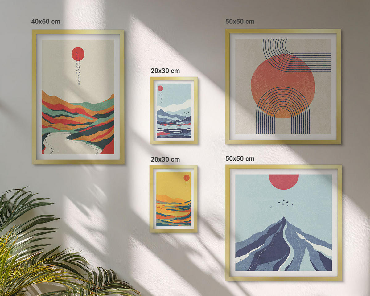 BILDER SET 5er Set - 50x50 cm & 20x30 cm & 40x60 cm Goldrahmen - Pastellfarbene Berge im Japandi-Stil - Goldfarben, Kunststoff (40/60cm) - TULUP