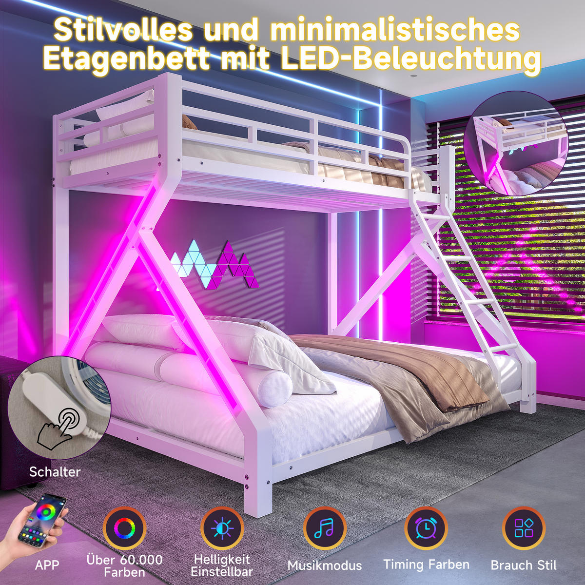 ETAGENBETT 90/200 cm & 140/200 cm in Weiß mit LED, Sicherheitsgeländer und Leiter - Weiß, Metall (90/200cm) - STILVORA