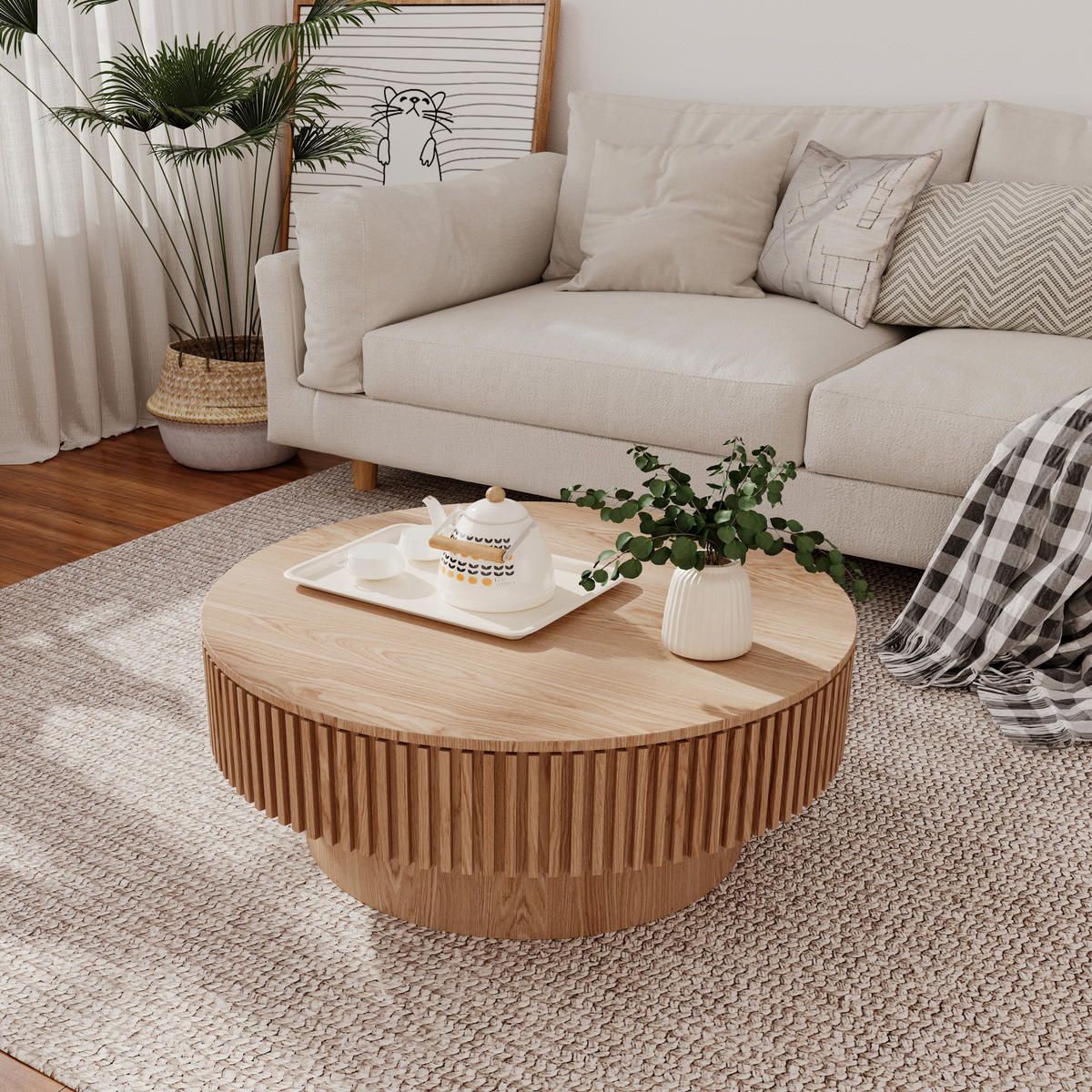 COUCHTISCH DE-37318 rund mit verstecktem Stauraum und Rillendesign Naturholz - Naturfarben, Holzwerkstoff (75/75/35cm) - ComfortXL