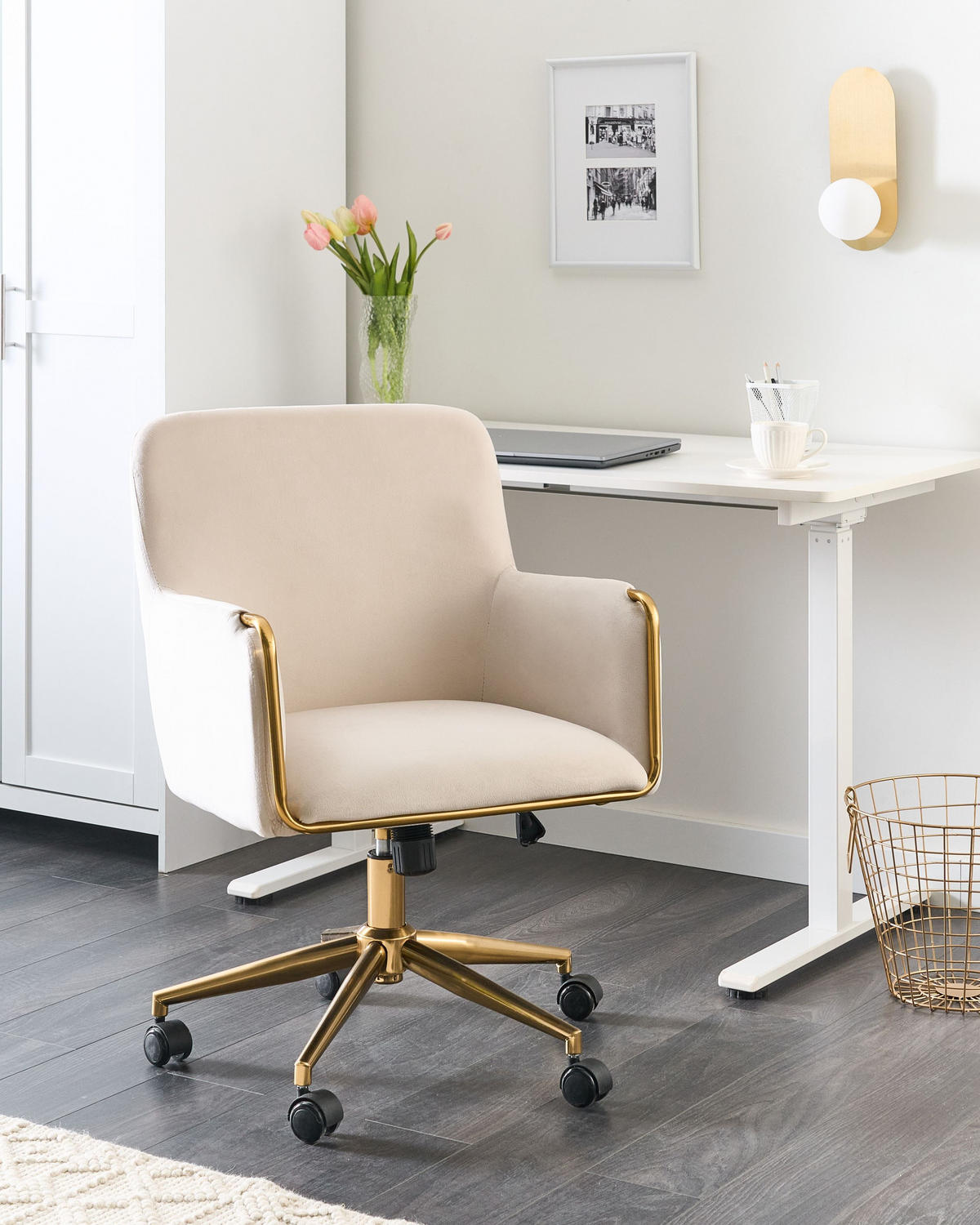 SCHREIBTISCHSTUHL Samtstoff Cremeweiß Altona - Weiß, Textil (59/84/59cm) - Beliani