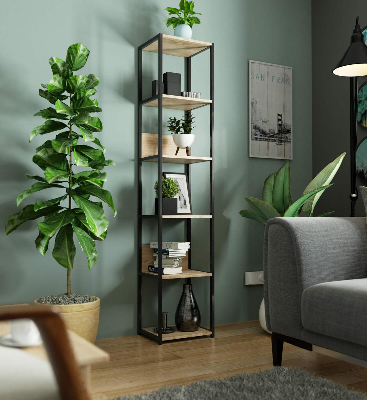 LOFT-REGAL Schwarz, Sonoma Eiche 40x192x32 cm - Schwarz/Sonoma Eiche, Holzwerkstoff/Metall (40/192/32cm) - Akord