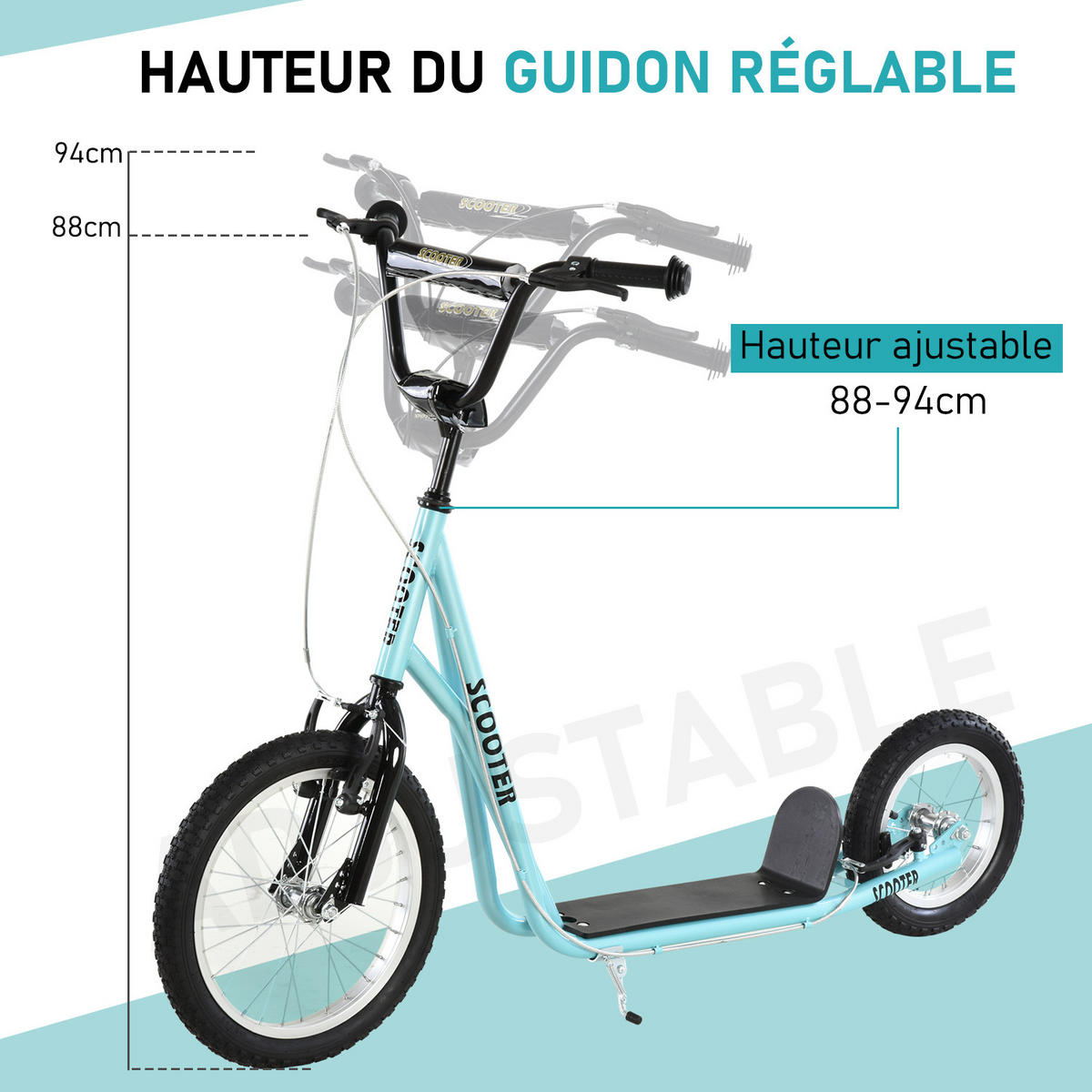 KINDERSCOOTER DE-16920 Große Luftreifen 40/30 cm Himmelblau/Schwarz - Blau, Metall (135/58/94cm) - ComfortXL