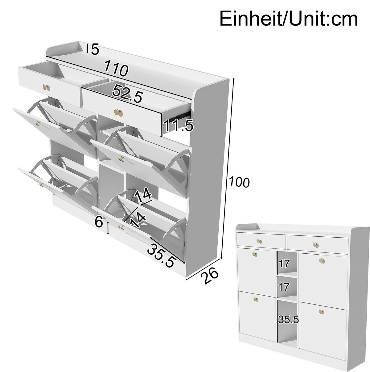 SCHUHSCHRANK 110/100/26 cm Weiß aus Spanplatte mit 4 Klapptüren - Weiß, Holzwerkstoff (110/100/26cm) - OKMYHOME
