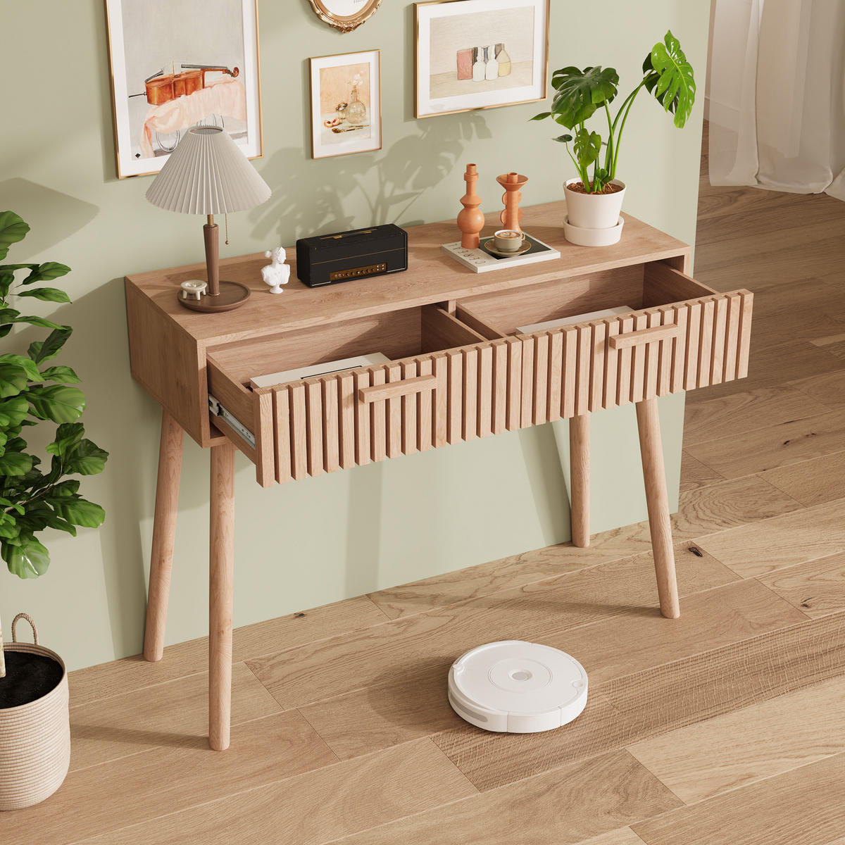 BEISTELLTISCH Massivholz natur, 2 Schubladen, offenes Fach, modern - Naturfarben, Holz (35/100/80cm) - EuroLiving