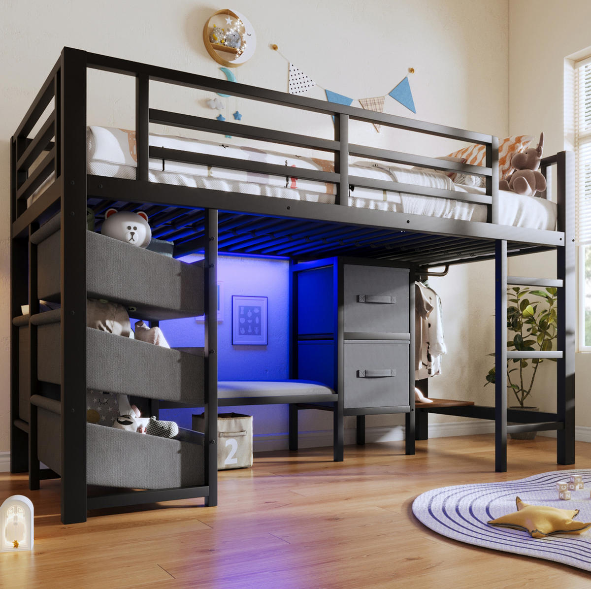HOCHBETT 90/200 cm Schwarz aus Metall mit LED-Beleuchtung - Schwarz, Metall (90/200cm) - OKMYHOME