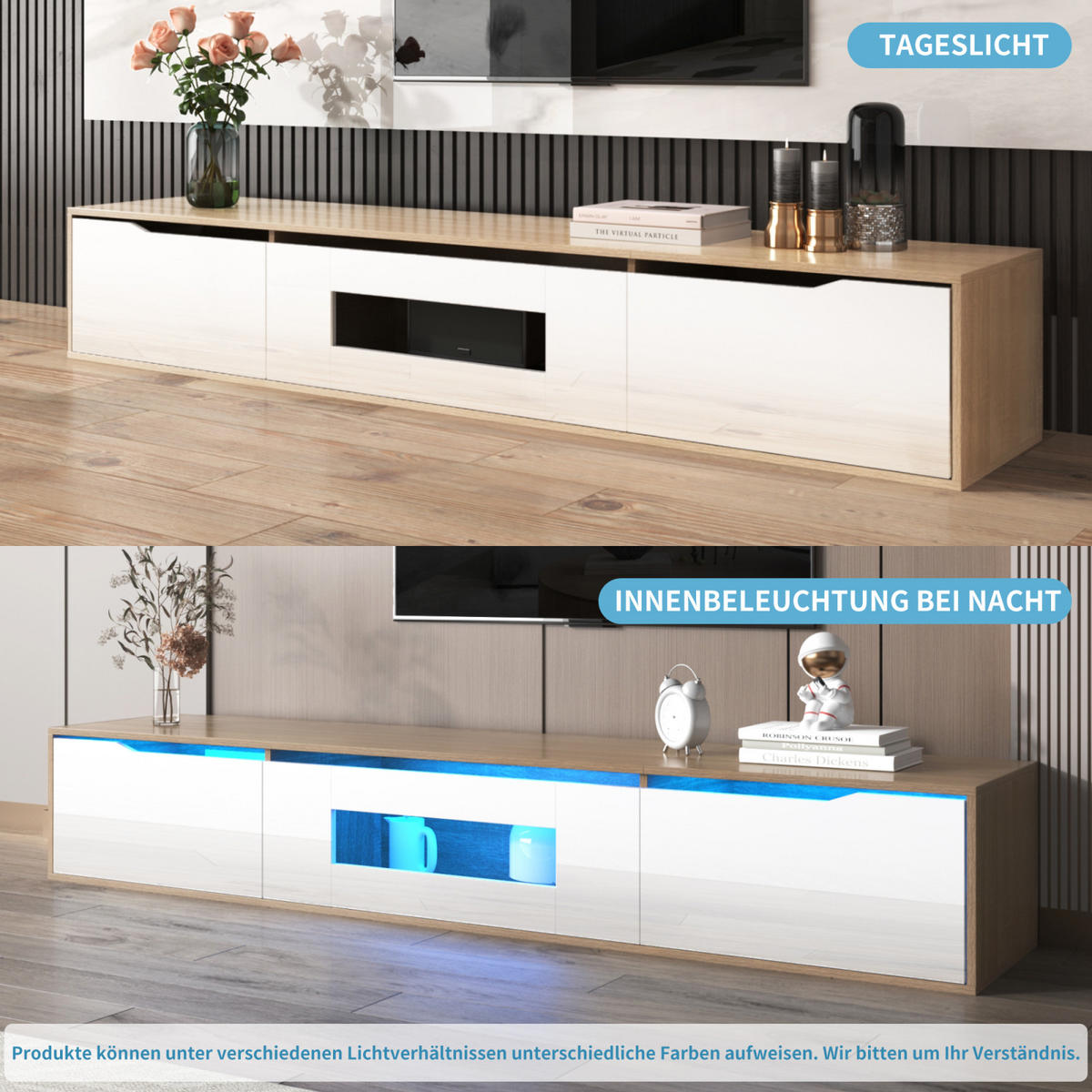 TV-LOWBOARD hängend in Holzoptik mit LED-Licht, Wandmontage Wohnzimmer - Weiß, Holz (180/35/30cm) - PARAFTA HOME