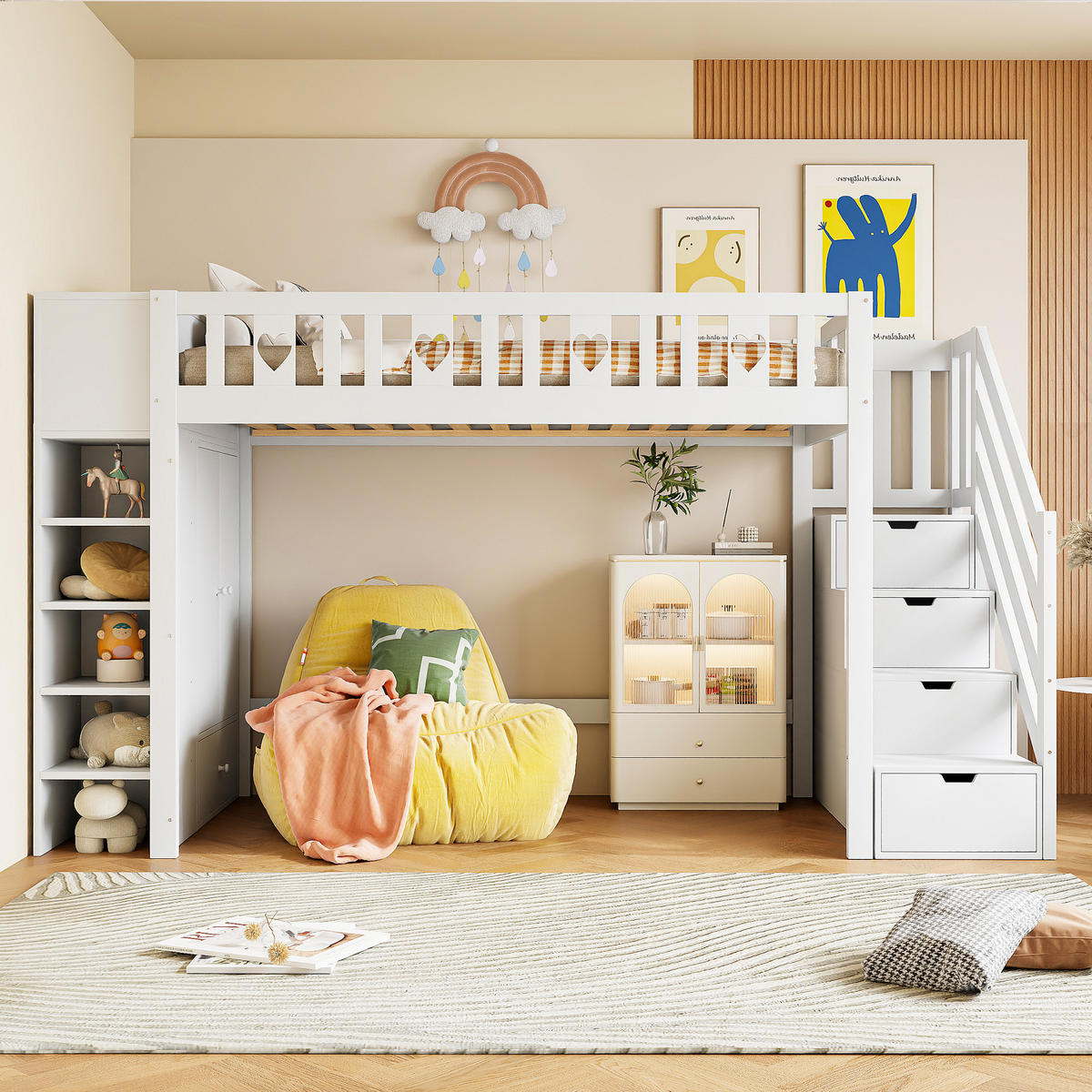 HOCHBETT 90x200cm Weiß Stauraumleiter Stauschrank Geländer Liebesform - Weiß, Holz (90/200cm) - FLIEKS