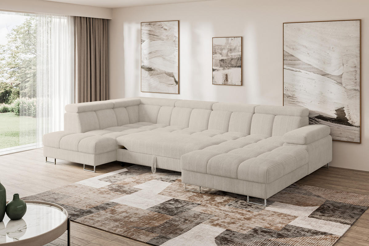 WOHNLANDSCHAFT mit Schlaffunktion und Bettkasten Ottomane Links COMA U 345x203x79 Beige Cord - Beige, Holzwerkstoff/Textil (345/79/203cm) - ALTDECOR
