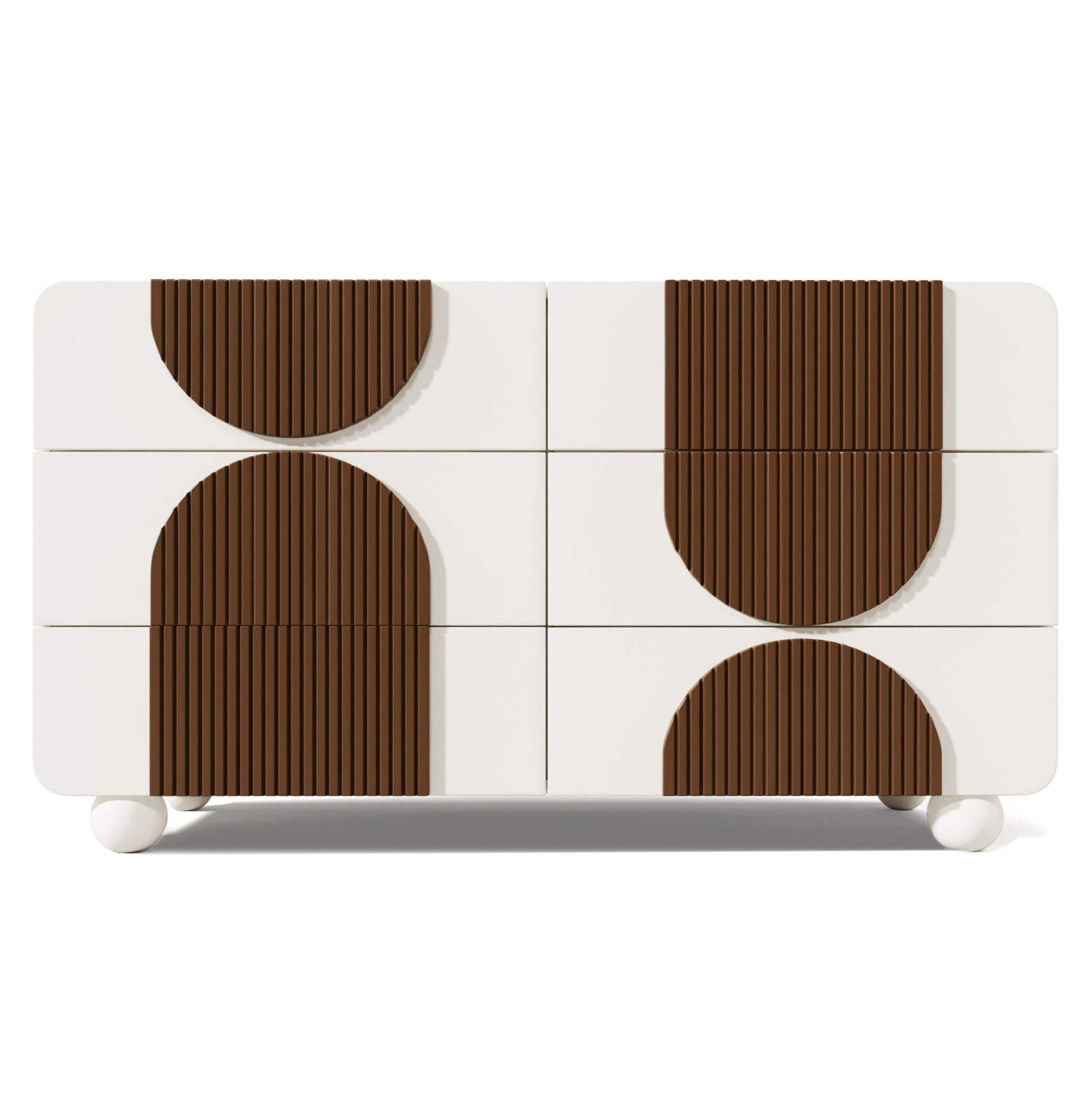 KOMMODE, 6 Schubladen – weiße Holzoptik mit schokoladenfarbenen Leisten, geschwungenes Design, 121x41x71 cm, Weiß - Weiß, Holzwerkstoff (41/71/121cm) - Modfu