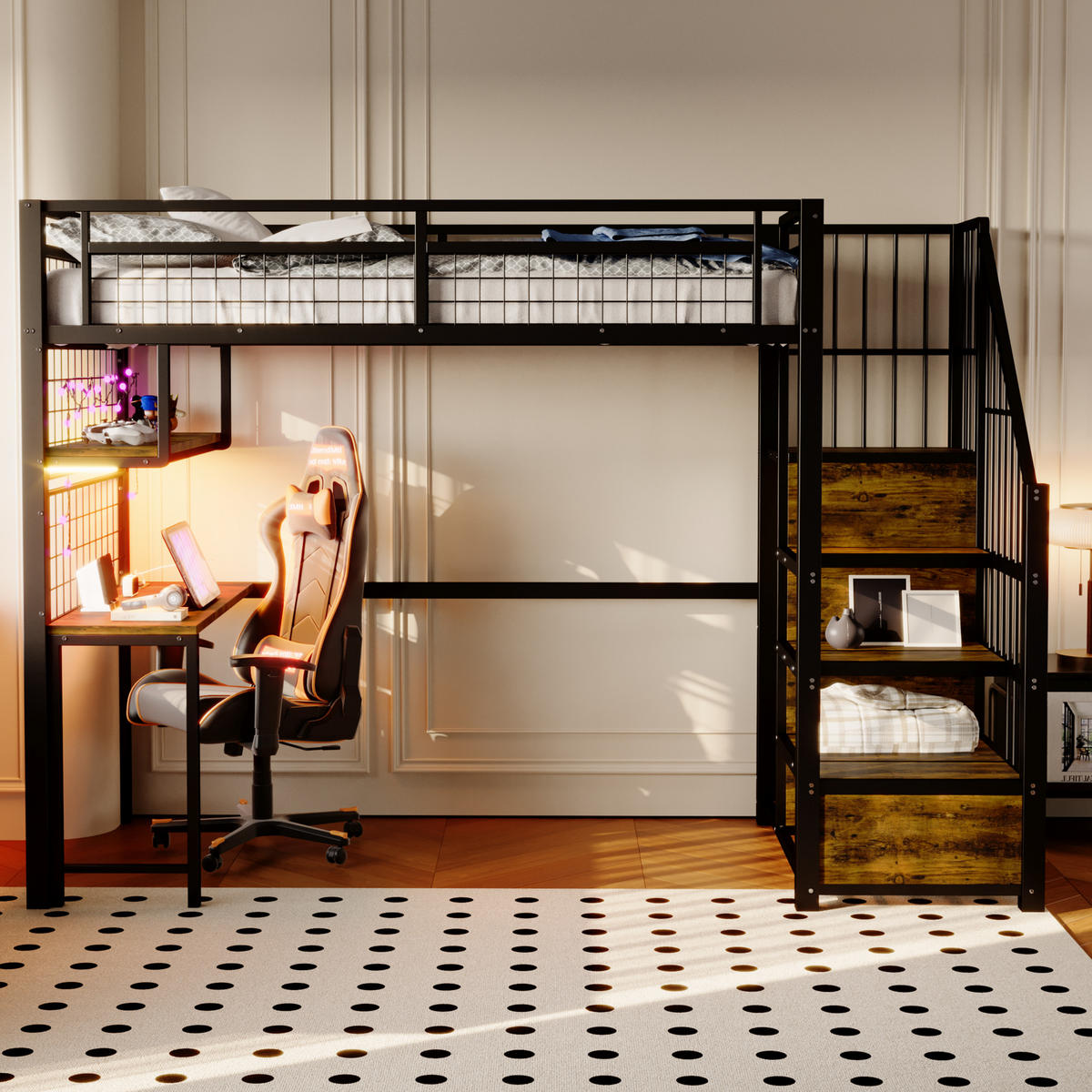 HOCHBETT 90/200 cm DE-01491, in Schwarz, mit Lichtleiste, Steckdose, Stauraumleiter und Schreibtisch - Schwarz, Metall (90/200cm) - ComfortXL