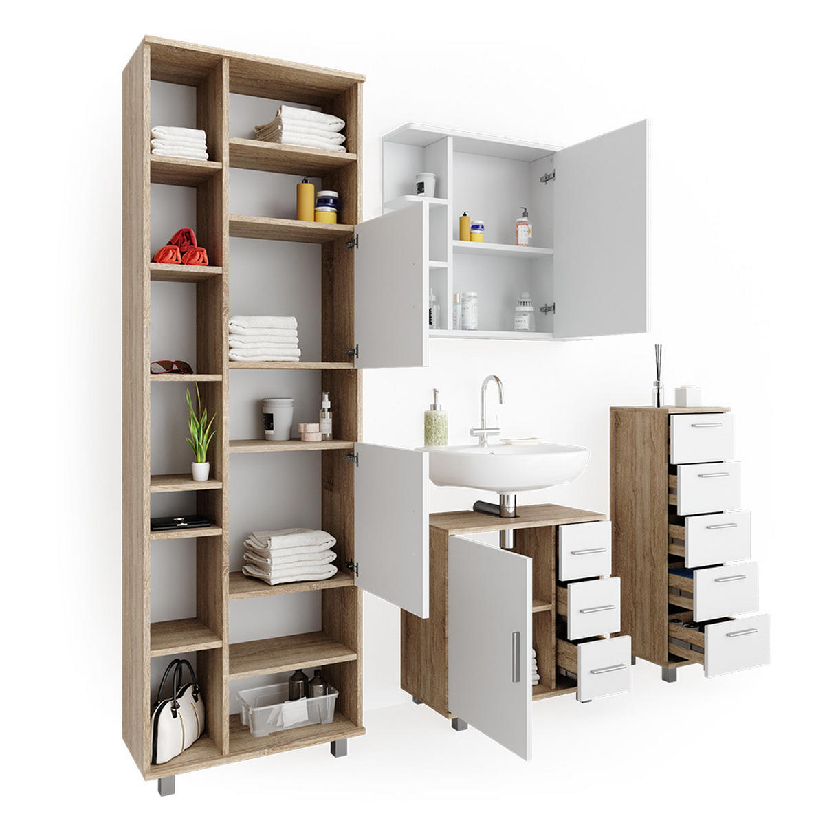 BADMÖBEL-SET Ilias Sonoma 4 Teile - Weiß/Sonoma Eiche, Holzwerkstoff (60/60/33cm) - Vicco