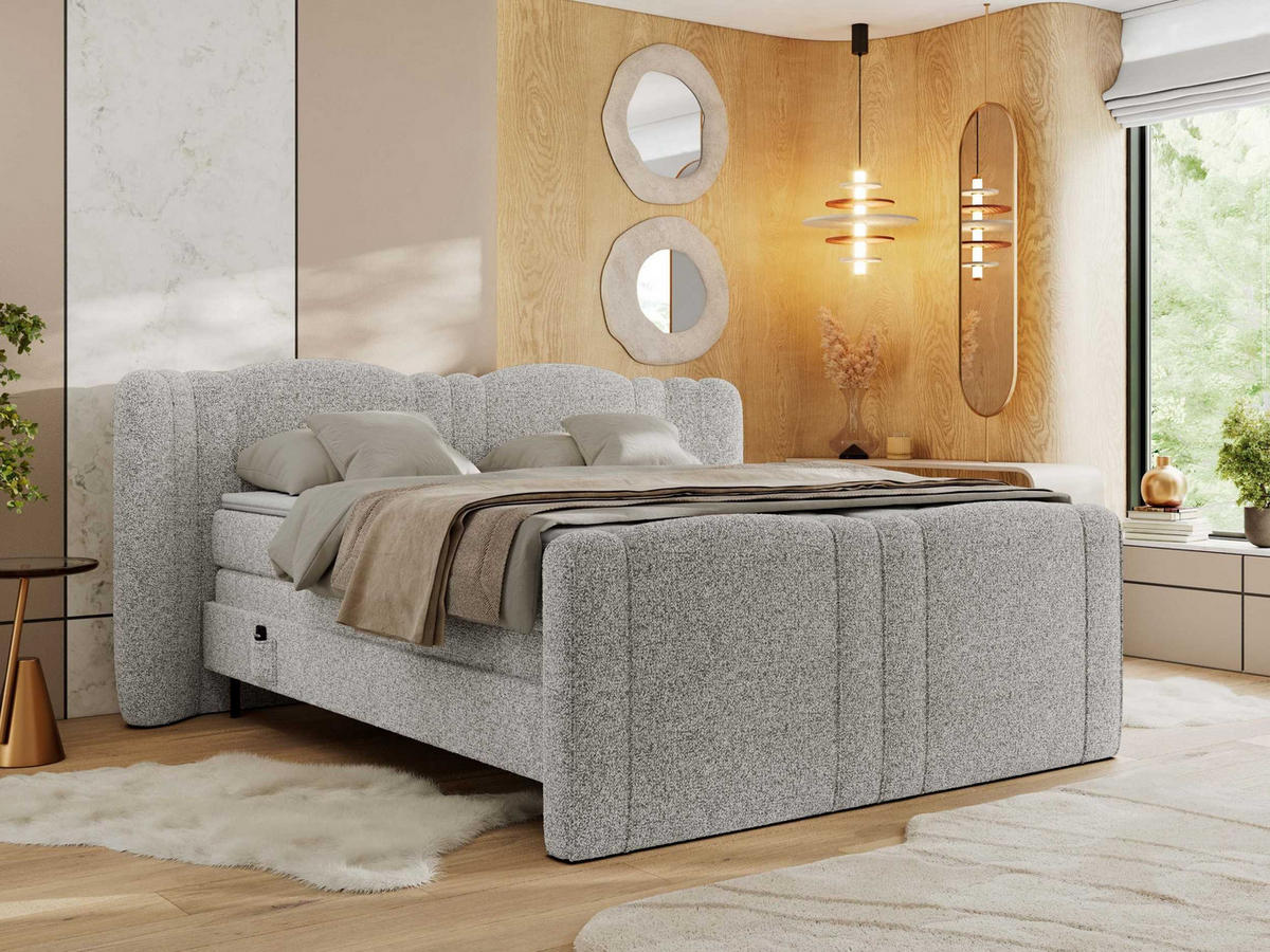 BOXSPRINGBETT FORTINA 140/200 - Hellgrau Stukture - Topper T25 - H4 - Hellgrau/Schwarz, Textil/Metall (140/200cm) - MKS