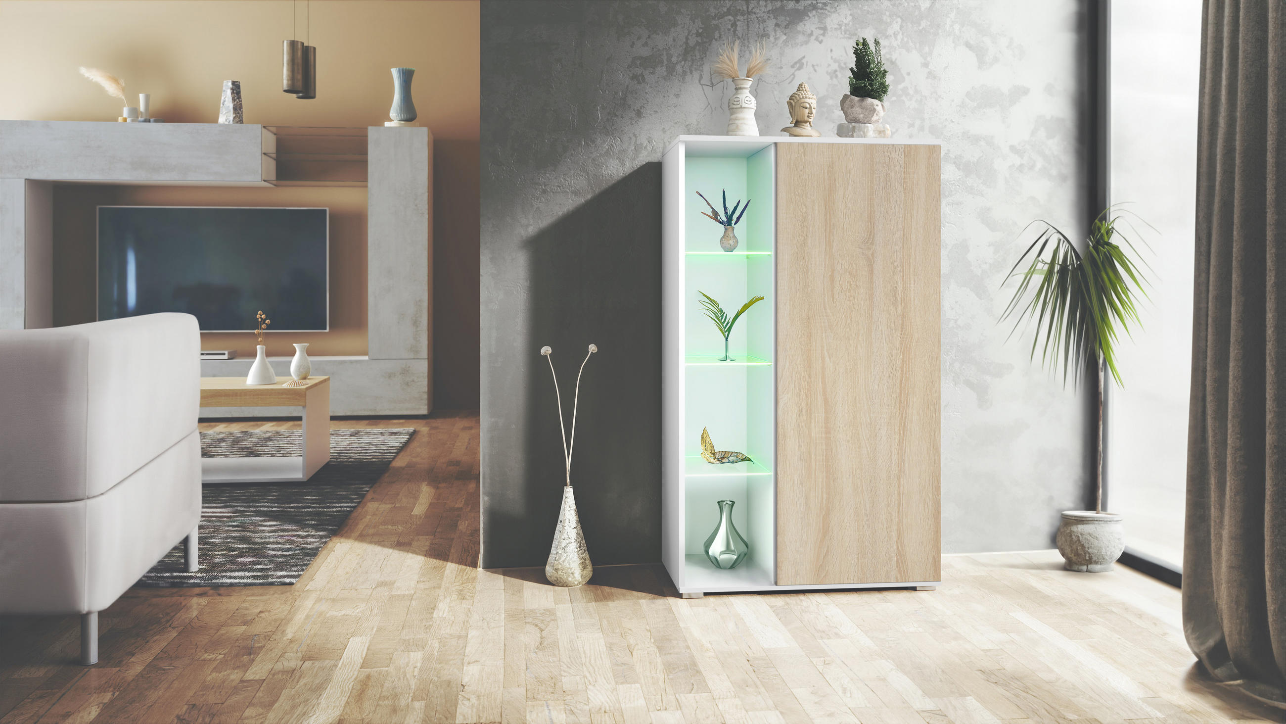 VITRINE Davos Eiche sägerau - Eiche San Remo, Holzwerkstoff (71.5/134/35cm) - Vladon