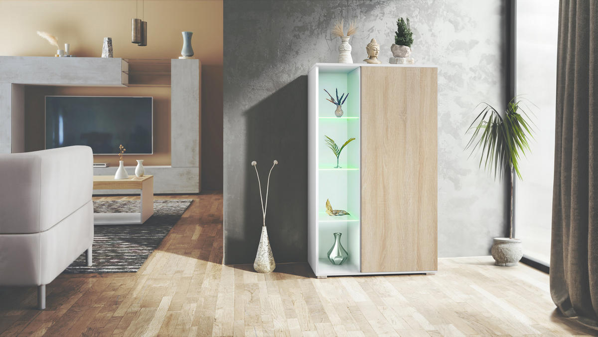 VITRINE Davos Eiche sägerau - Eiche San Remo, Holzwerkstoff (71.5/134/35cm) - Vladon