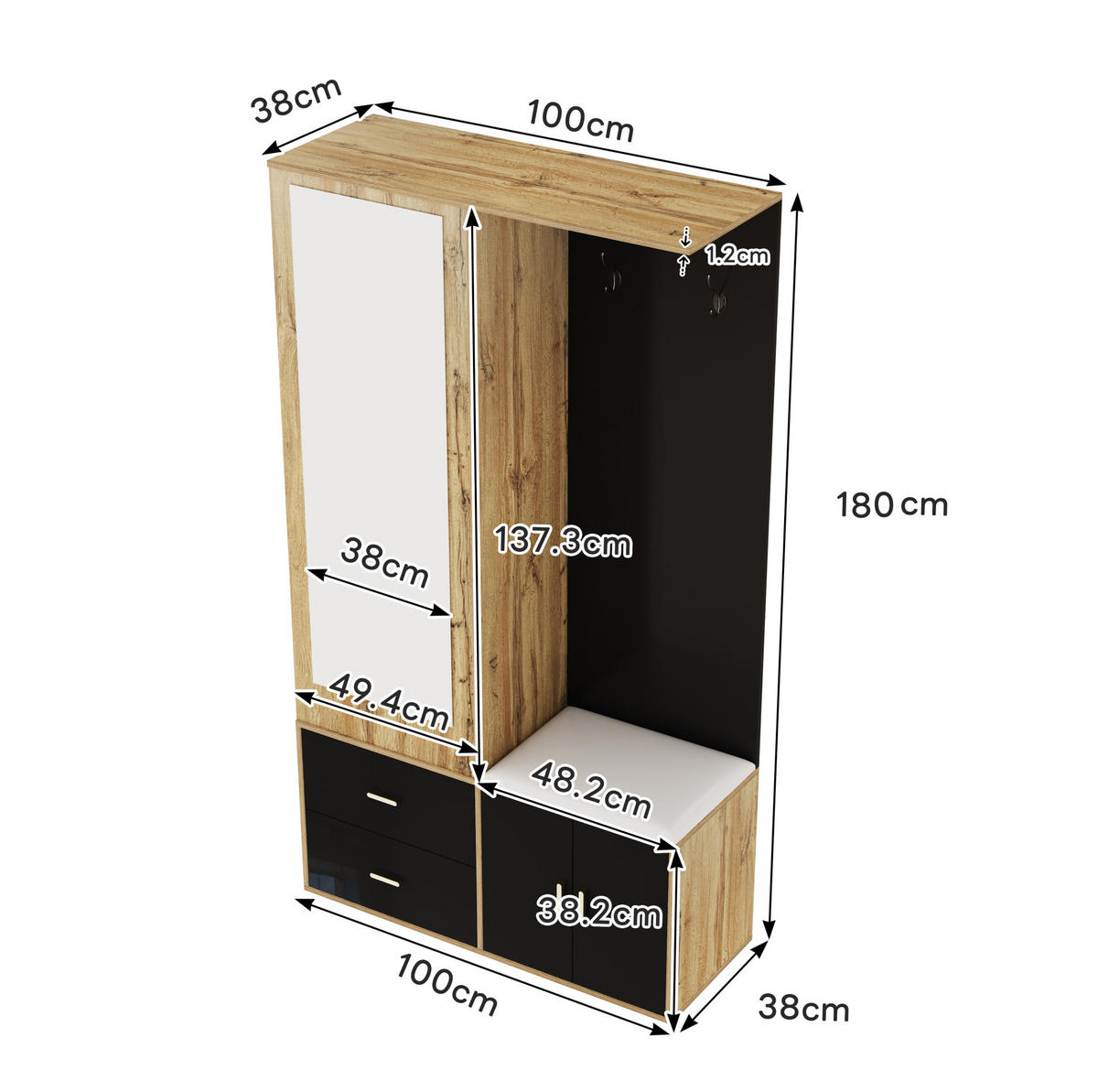 SCHUHSCHRANK 100/180/38 cm Schwarz/Natur aus Holzwerkstoff mit Spiegel und Sitzbank - Naturfarben, Holzwerkstoff (100/180/38cm) - OKMYHOME
