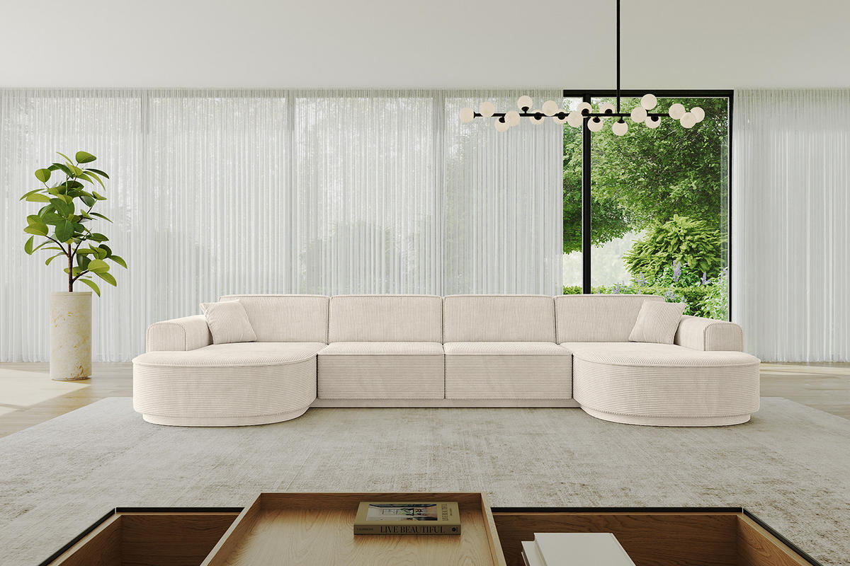 WOHNLANDSCHAFT MARI-U2 - 380x163x81 cm Beige Cord - Beige/Schwarz, Holzwerkstoff/Kunststoff (380/81/163cm) - ALTDECOR