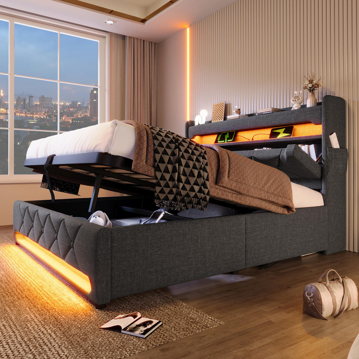 BETT mit Stauraum und LED 180/200 cm - Grau, Holzwerkstoff/Textil - Urban Meuble