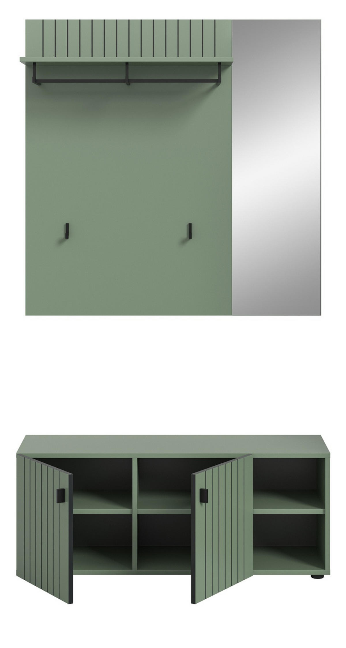 GARDEROBE-SET grün 2-teilig 106 cm, Garderobenkombination mit Rillen-Optik - Schwarz/Grün, Glas/Holzwerkstoff (106/192/37cm) - Inn.Furn