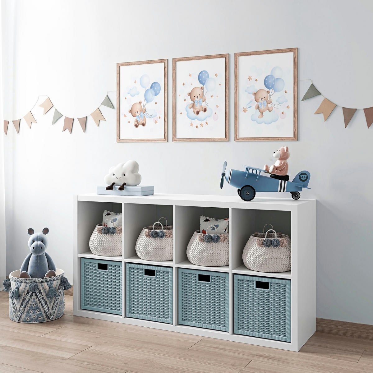 SADA PLAGÁTOV Do Detskej Izby Mackovia Modré Balóny Oblaky Hviezdy 3x Plagát A4 21 x 30 cm - hnedá/žltá, papier (21/30/1cm) - Muralo