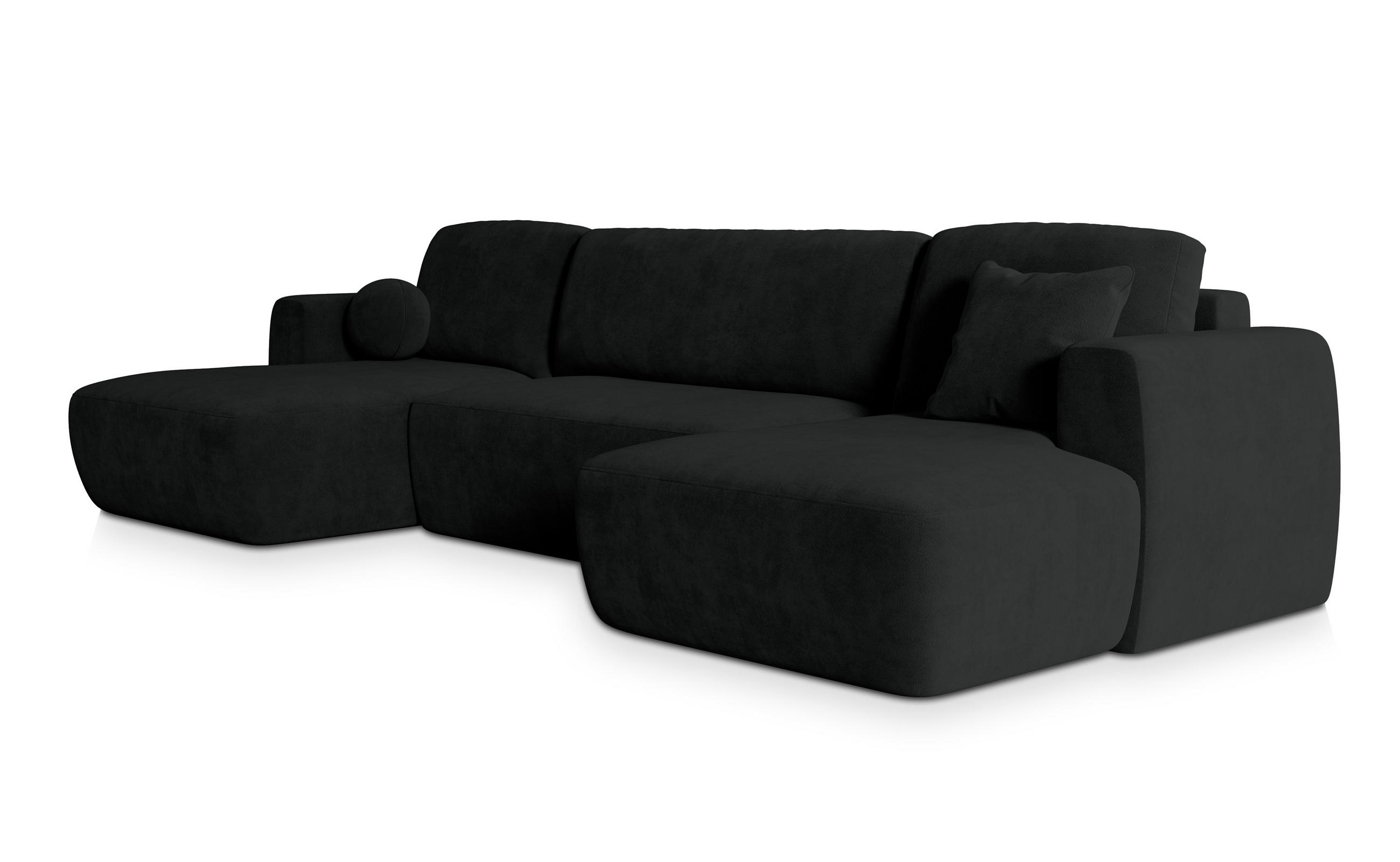 WOHNLANDSCHAFT SENTUM K Schwarz Plüsch-Stoff mit Schlaffunktion - Schwarz, Holz (330/90/148cm) - MASSENO