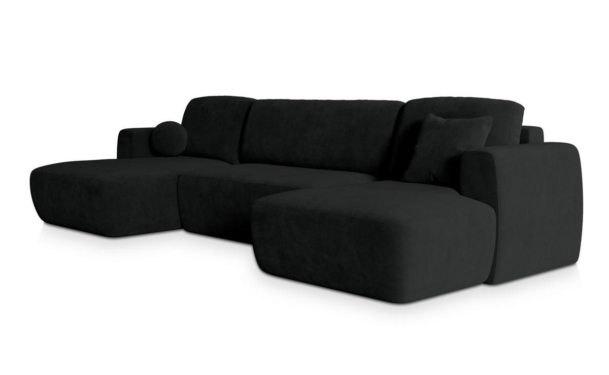 WOHNLANDSCHAFT SENTUM K Schwarz Plüsch-Stoff mit Schlaffunktion - Schwarz, Holz (330/90/148cm) - MASSENO
