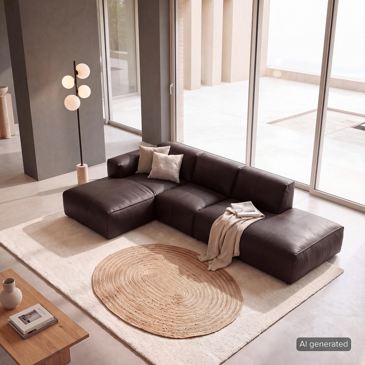 ECKSOFA mit Chaiselongue - Dunkelbraun/Schwarz, Leder/Kunststoff (290/173cm) - home24
