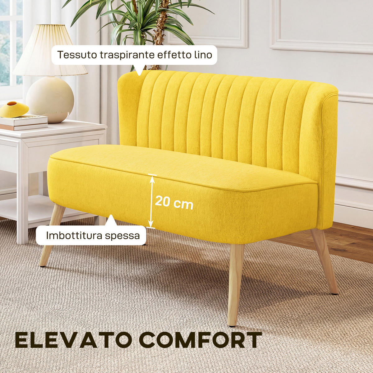 SOFA, 2-Sitzer, Leinenoptik, ohne Armlehnen, Holzbeine, gelb, 117x56,5x77cm - Multicolor, Holzwerkstoff (117/77/56.5cm) - FORIOUS
