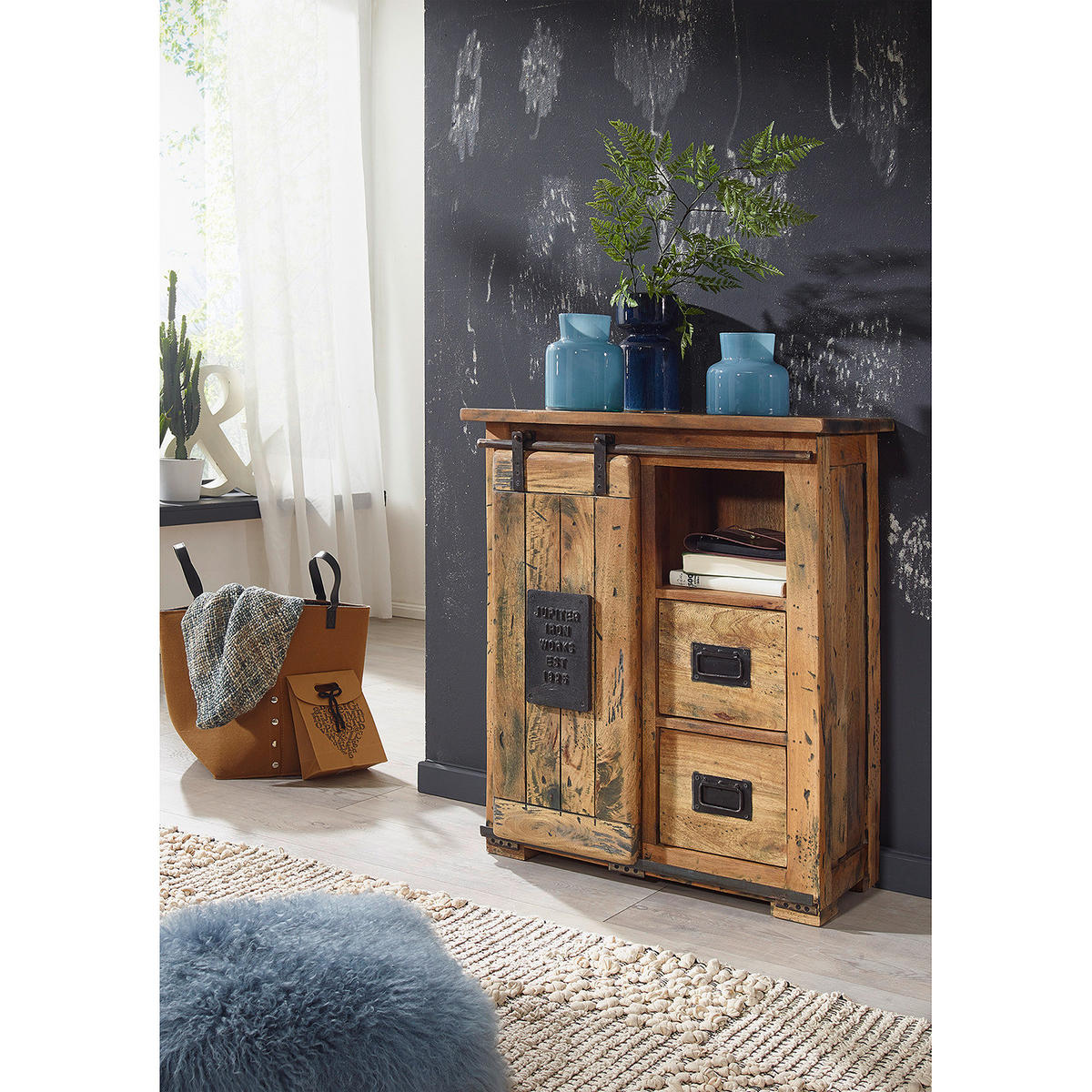 KOMMODE - Mango massiv / Eisen - Mango / Schwarz - Braun, Holz/Metall (75/90/36cm) - home24
