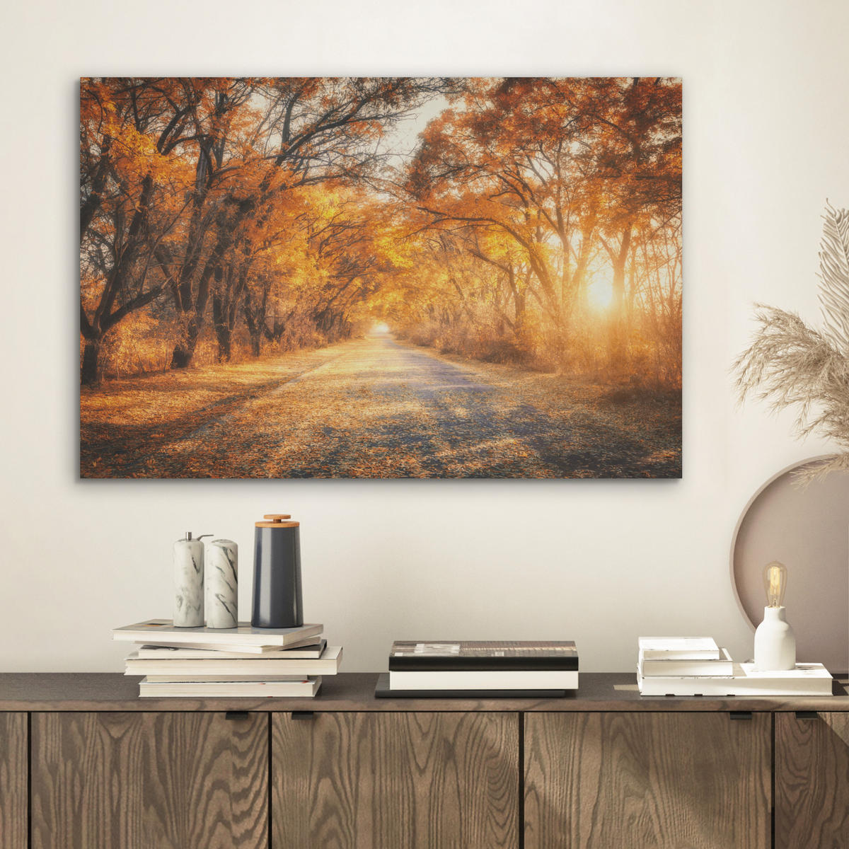 AKUSTIKBILD Wald - Herbst - Bäume - Waldweg - Natur Wanddeko 70x50 cm - Bernsteinfarben, Kunststoff (70/50/0.9cm) - MuchoWow