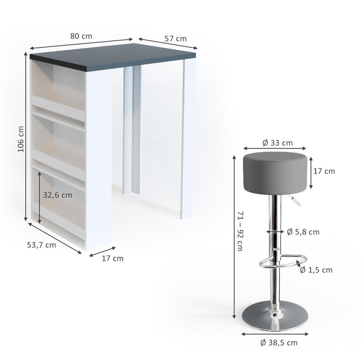 BARTISCH-SET Anthrazit/Weiß 57 x 80 cm mit 2 Barhockern - Anthrazit/Weiß, Holzwerkstoff (57/106/80cm) - Vicco
