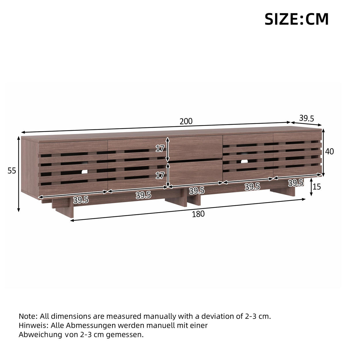 LOWBOARD in Walnussfarben TV-Schrank mit Schubladen für Fernseher bis zu 80 Zoll, B200/T39.5/H55 cm - Walnussfarben, Holzwerkstoff (200/55/39.5cm) - STILVORA