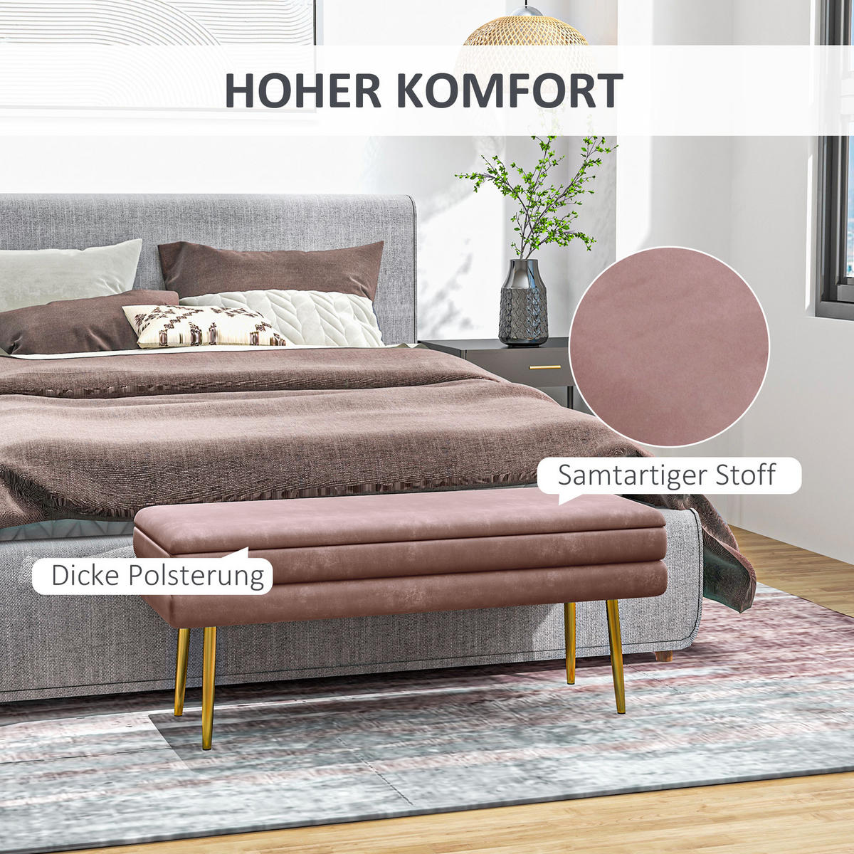 SITZBANK, Polsterbank mit Stauraum, Samtoptik, Bettbank mit Stahlbeine, Rosa - Rosa, Kunststoff (37.5/42/100cm) - HOMCOM
