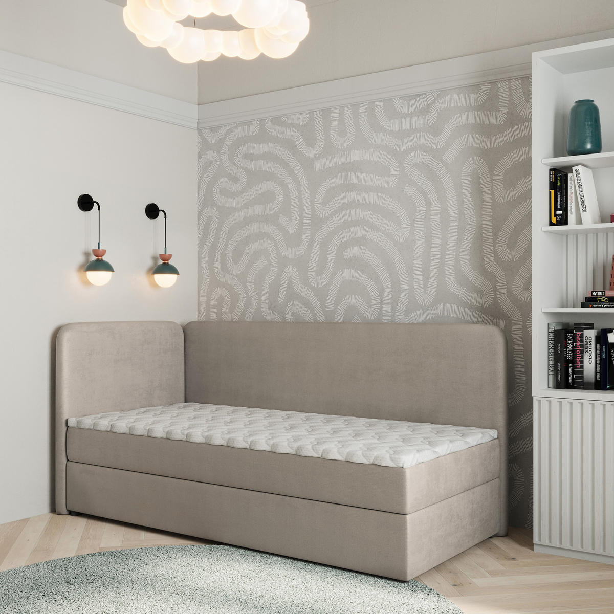 BOXBETT GINA 100x200 cm mit Matratze und Topper, H2+H3 - Beige - Beige, Holz (100/200cm) - MASSENO